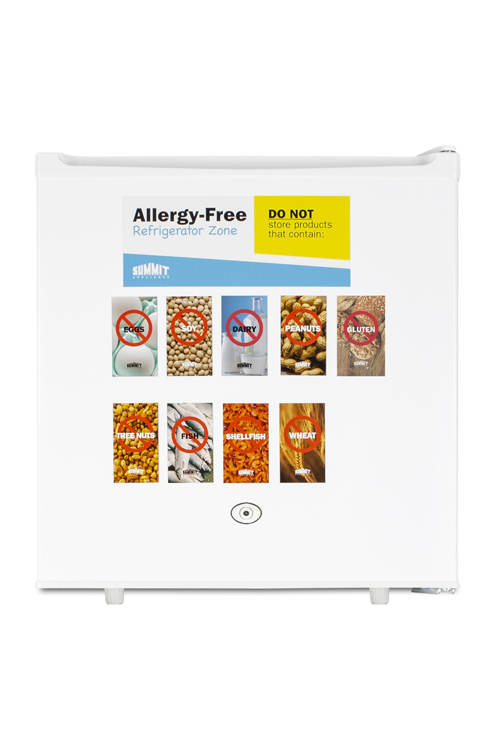 Compact 1.7 cu.ft. all-refrigerator in white designed to serve as an allergy-free storage zone, with automatic defrost, front lock, and a set of allergy warning magnets